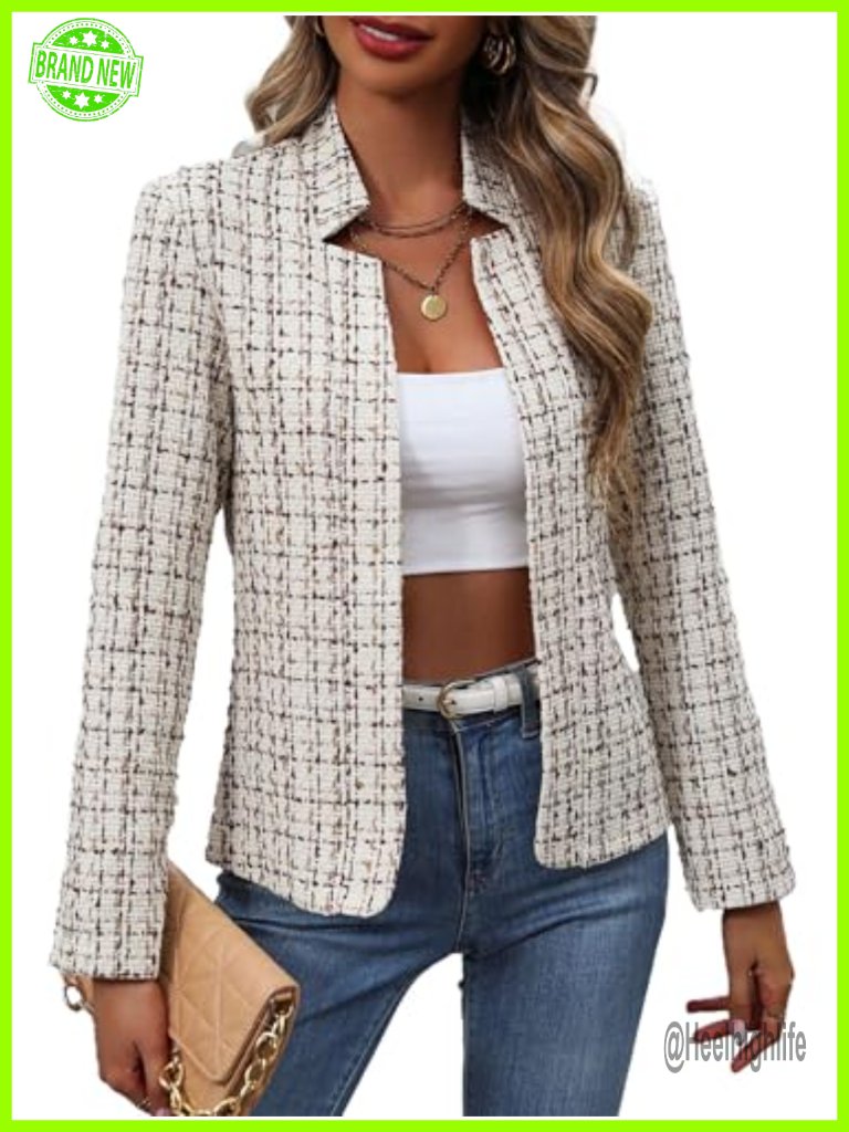 Open Front Tweed Plaid Blazer - Lightweight Fully Lined Work Jacket